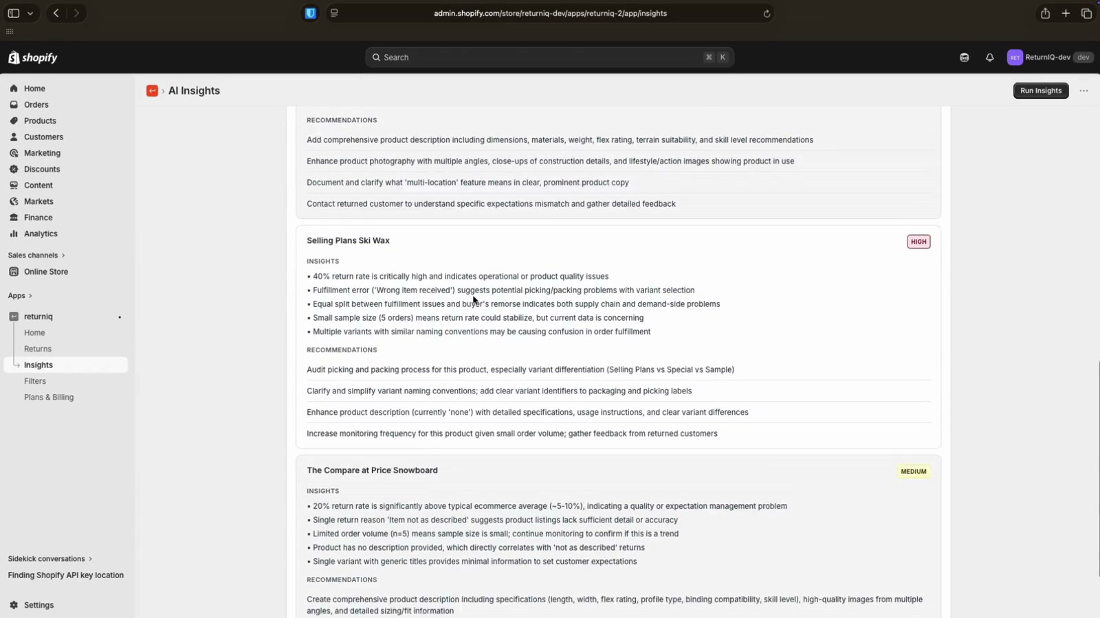 AI insights showing return reasons and recommendations