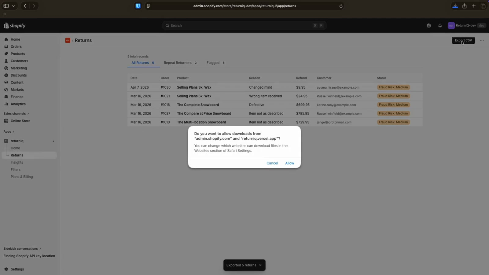 Return list with fraud risk badges and CSV export